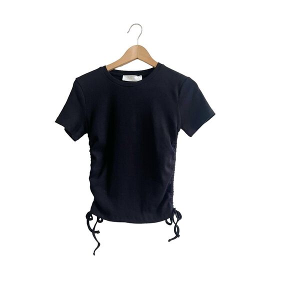 Outrageous Fortune NWT Ruched Side Ties Black Crop Top Tee Size 8 Minimalist - Picture 1 of 9